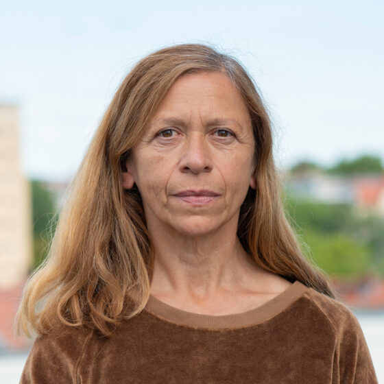 Andrea Keiz has shoulder-length, loose hair, bleached by the sun, with a side parting. She has brown eyes and wears a brown Niki with a round neckline. She can be seen in the portrait. The photo is taken outside in the city. A high-rise building, roofs and trees can be seen blurred in the background.
