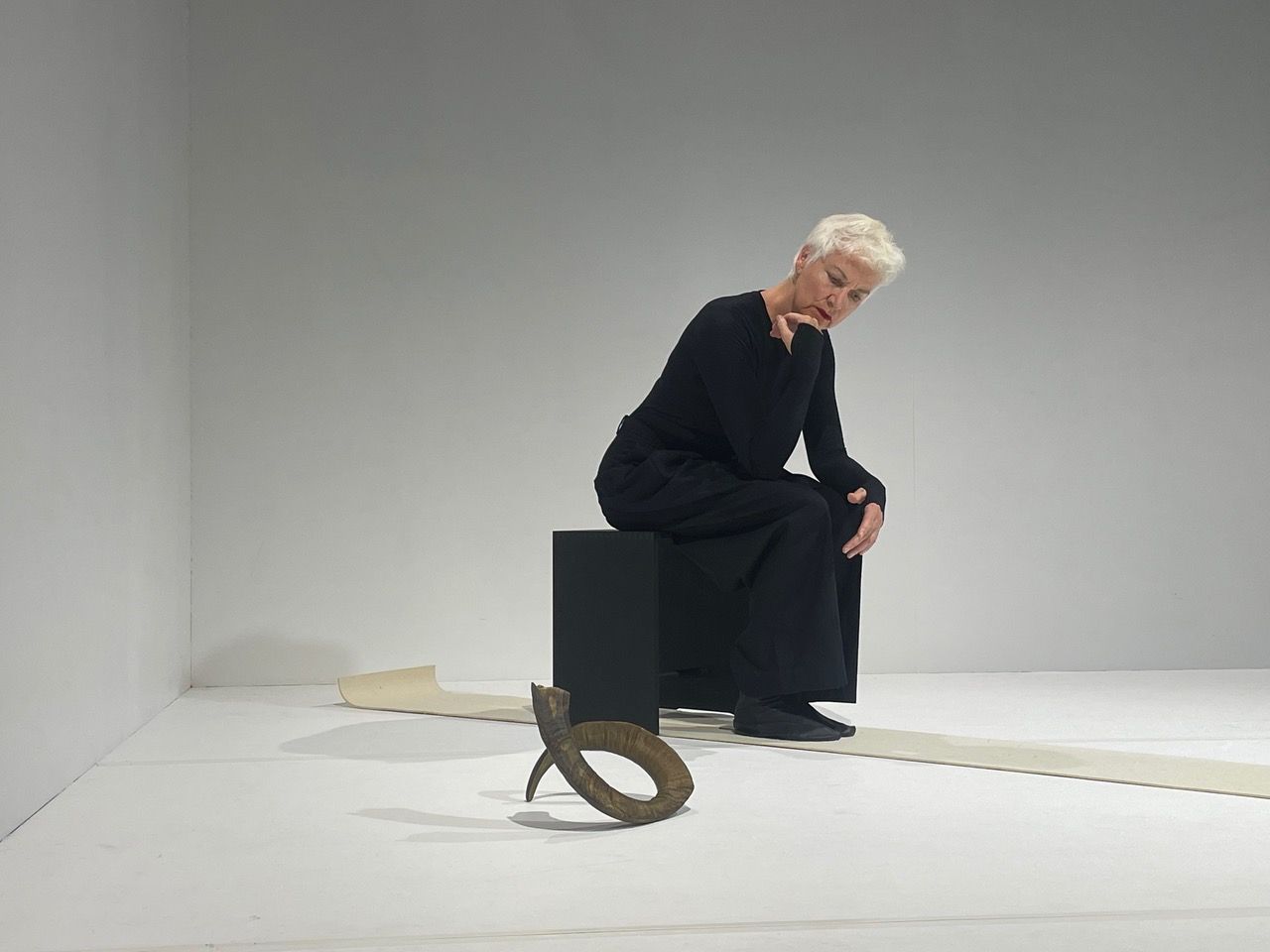 A woman (Claudia Feest) sits on a stool - she looks thoughtfully at a ram's horn lying on the floor. It is a performance situation on a brightly lit white stage, the dancer is dressed in black.