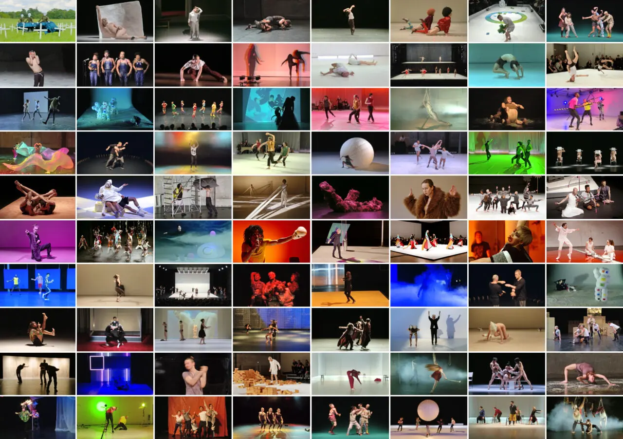 The picture is divided into 80 small rectangular and differently colored pictures of different dance performances.